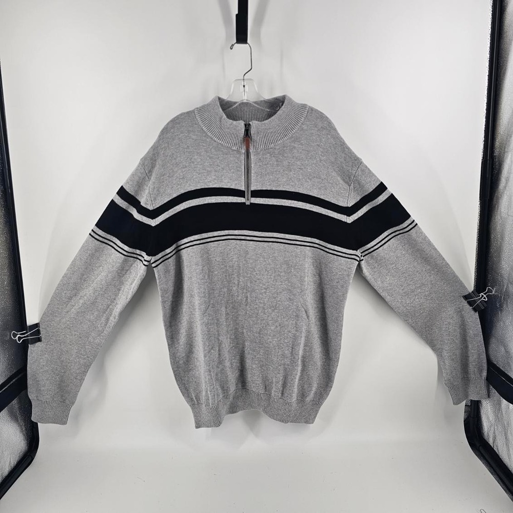 Quarter Zip Sweater Men's 2XL Grey Black Stripe Cotton Knit
